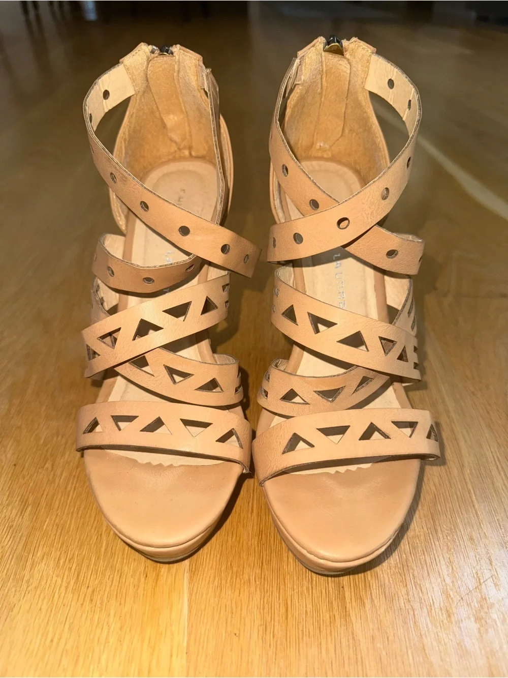 Chinese Laundry Tan Strappy Cutout Wedge Sandals